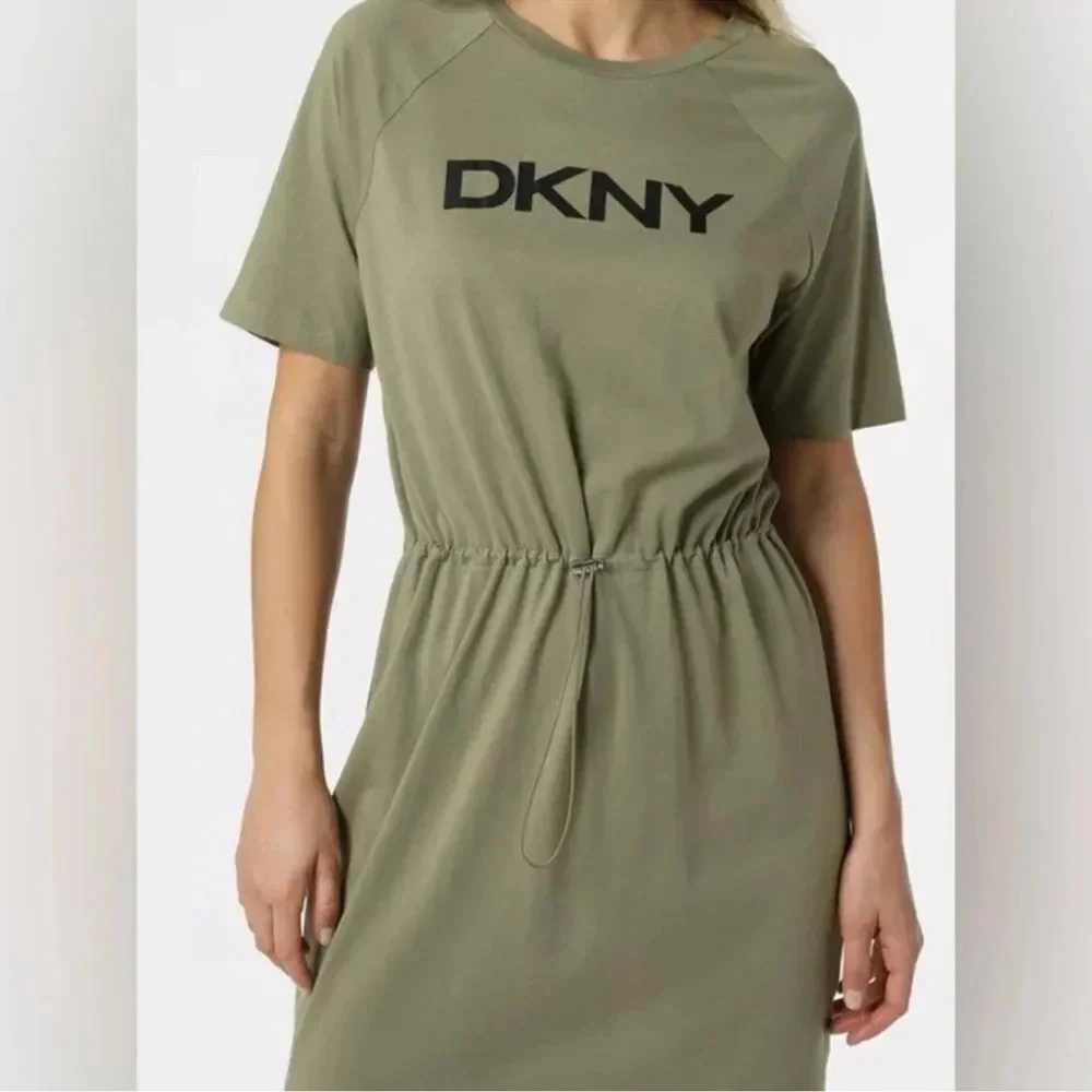DKNY Logo Drawstring Waist Jewel Neck Short Sleeve Knit Midi Dress NWT